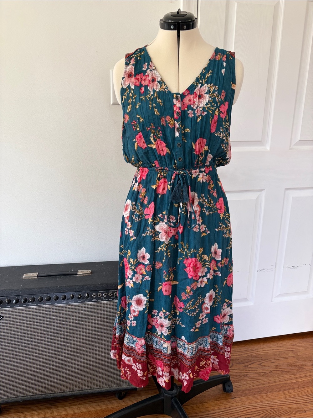 Knox Rose Teal Floral Midi Dress with Pink and Red Blooms